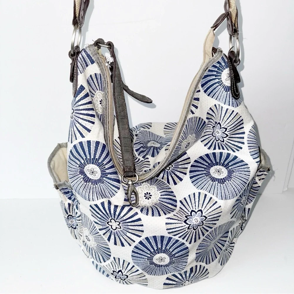 Oioi Be Spicy Diaper Bag Messenger Navy Medallion on Ivory Design